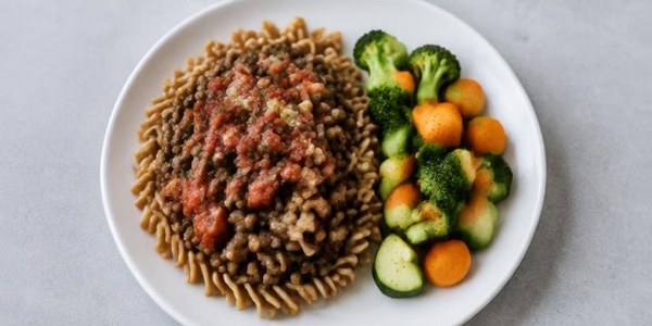 Foto illustrativa: Pasta integrale con lenticchie e pomodoro, con un contorno di verdure.